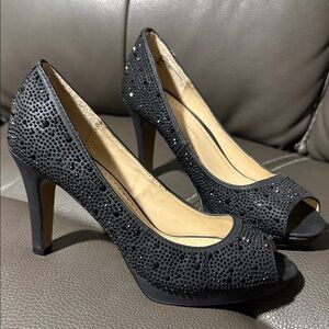 Adrienne Vittadini Elegant Sparkly Black Peep-Toe Heels